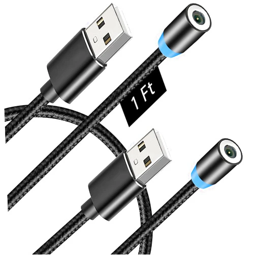 Terasako Magnetic Charging Cable (Not Including Magnetic Connector) [2-Pack, 1ft ], 360° Rotating Magnetic Phone Charger Cable with LED Light - Nylon-Braided Cords (Black)