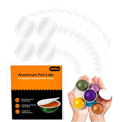NESSUS Aluminum Foil Lids for Nespresso Vertuo Reusable Pods, 100 PCS Foil Seal Cover for Refill Espresso Coffee Capsule, Compatible with Nespresso Refillable Capsule