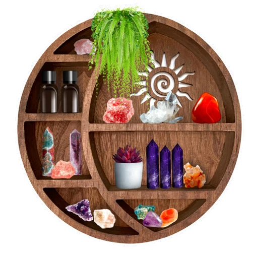 Nimpro Wooden Crescent Sun Moon Shelf Wall Decor - Decorative Boho Home Hanging Display Shelf for Bedroom, Dorm, Nursery - Easy Mount Storage for Crystals and Essential Oils - 14 x 14 x 3.5