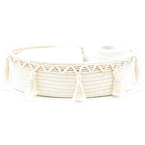 Mkono Small Boho Decor Basket for Bathroom Macrame Cotton Rope Woven Toilet Tank Top Storage Back of Toilet Organizer Tray for Counter Shelf Table Bedroom Living Room Nursery, Ivory, 1 Pack