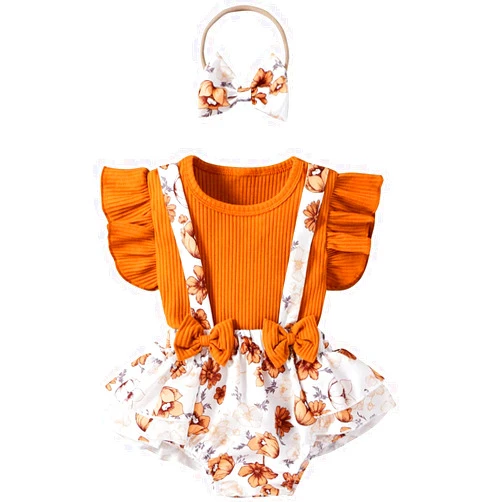 DOSYZTO Infant Newborn Baby Girl Floral Shorts Outfits Summer Ruffle Tops T-Shirt & Suspender Shorts with Headband Set