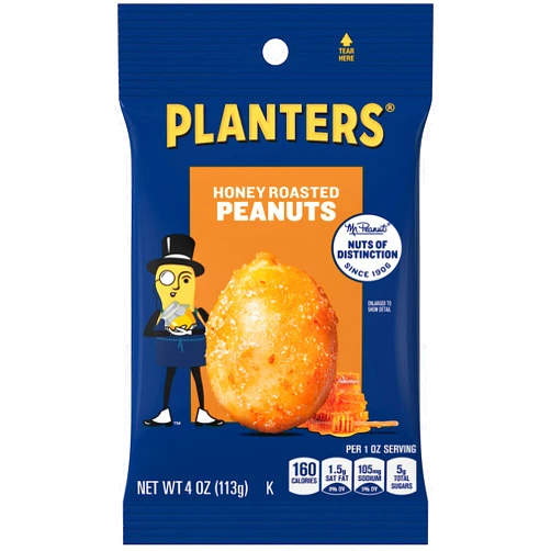 Planters Honey Roasted Peanuts, Party Snacks, Plant-Based Protein, 4 Oz Bag, 12 Pack