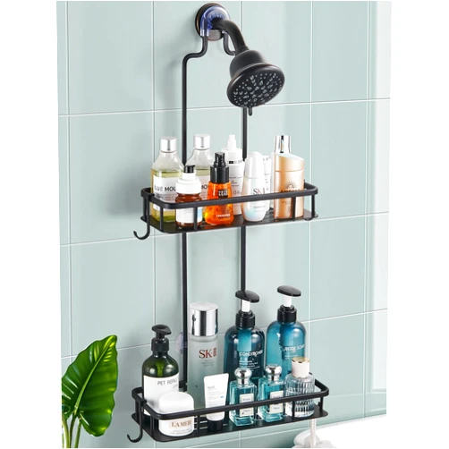 Cobbe Anti-Swing Shower Caddy Hanging with 4 Hooks for Towels/Sponge, No Drilling Bathroom Organizers and Storage Racks for Bathroom, Dorm and RV, Never Rust Aluminum, Large - Black