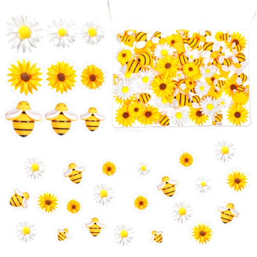 SynHHergyx 100Pcs Resin Bees Daisy Flowers Decor Bumblebee Embellishment Bees Flatback Bumble Sunflower Bee Charms Decorations with Storage Box for DIY Craft Scrapbooking Wreath Party Home Decorations, 3 Sizes