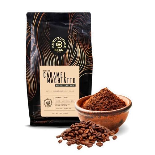 Christopher Bean Coffee - Regular Ground Universal Drip Caramel Macchiato Flavored Coffee | Coffee Beans with Medium Roast 100% Arabica, No Sugar, No Fats, Non-GMO | 10-Ounce Bag