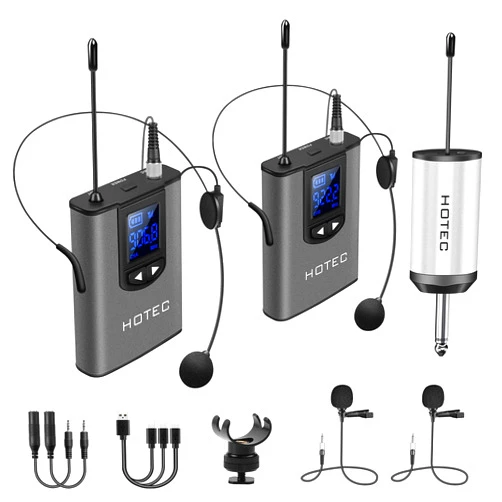 Hotec Wireless System with Dual Headset Microphones/Lavalier Lapel Mics and Bodypack Transmitters and One Mini Rechargeable Receiver 1/4