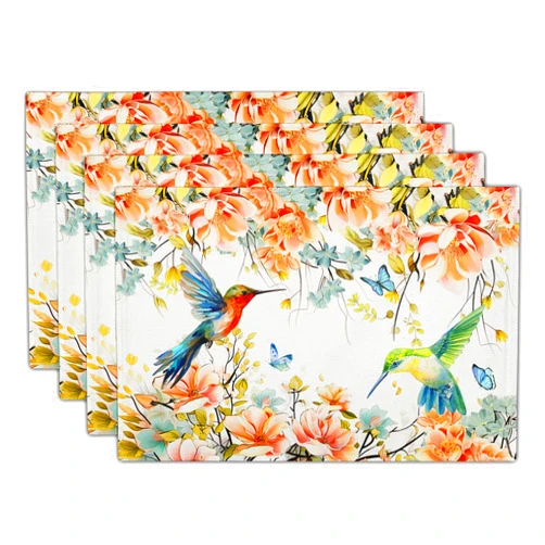 Mweet Floral Hummingbird Placemats 12x18 Inch Set of 4,Watercolor Flowers Butterflies Heat Resistant Washable Dining Table Mats Spring Summer Seasonal Party Decor