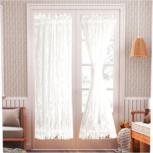 RLoncomix White French Door Curtain Floral Rose Knitted Semi-Sheer Window Voile Rod Pocket Lace Glass Door Treatment 2 Panels 40 Inches