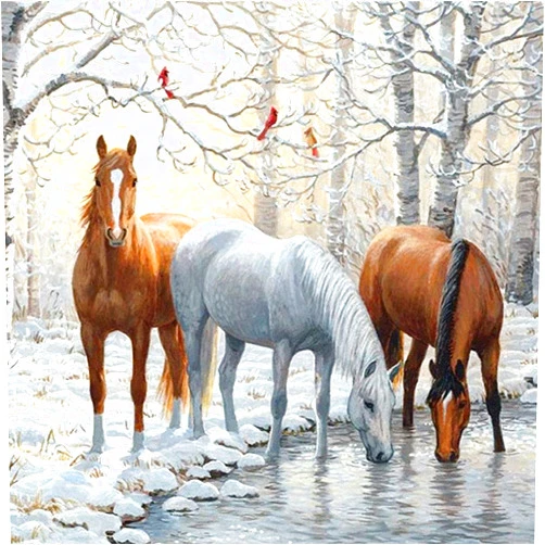 N/H Paint by Number Kits 5D Diamond Painting DIY Horse White Brown Canvas Pictures Full Drill Horses Winter Snow Scenery Arts and Crafts Cross-Stitch Patterns for Living Room Bedroom Bathroom 12x12inch
