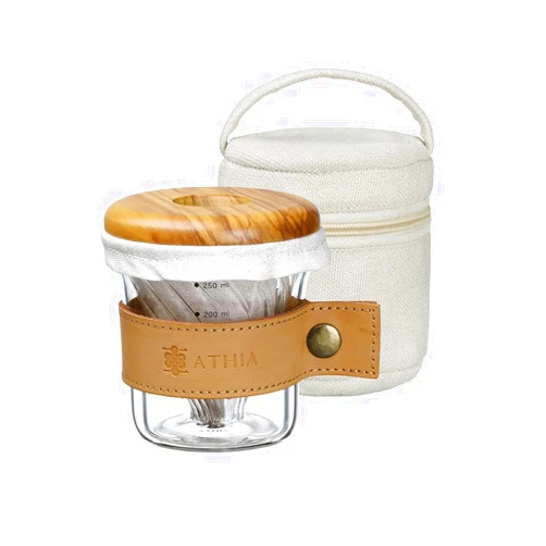 ATHIA Glass Pour Over Coffee Dripper Set, Glass Cone Dripper, Reusable Cloth Filter, Leather Sleeve, Minimal Single Cup on the Go (Olive Wood)