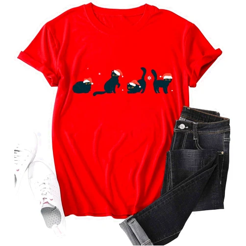 MYCHTE Christmas Cat Shirt Women Cat Lover Tshirt Gift Merry Christmas Tees Casual Short Sleeve Xmas Holiday Shirts Tops