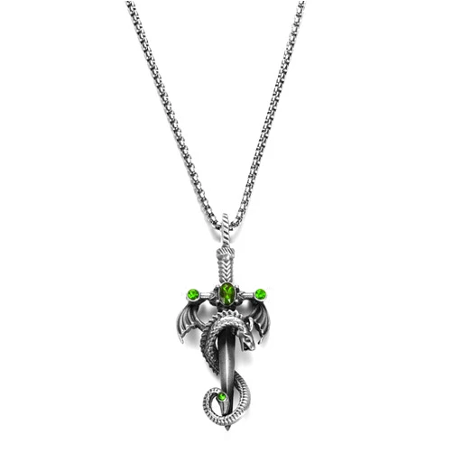 Kwiou Punk pterosaur with sword, gem dragon necklace, silver knight men's necklace, gem men's necklace