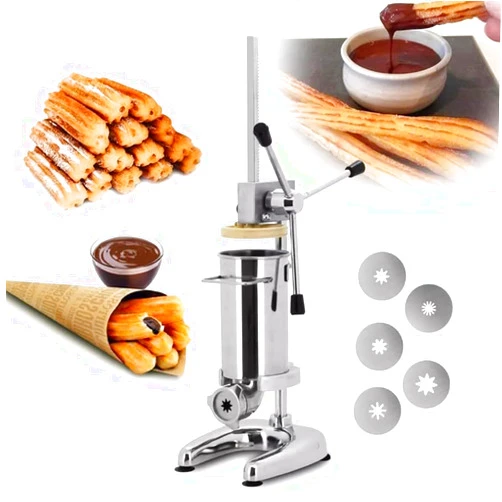 NYMFEA Commercial Manual Churro Maker - Stainless Steel Spanish Churrera Machine with 5 Molds, Latin Fruit Donut Machine, Manual Sausage Filler Machine for Restaurants and Bakeries,2L