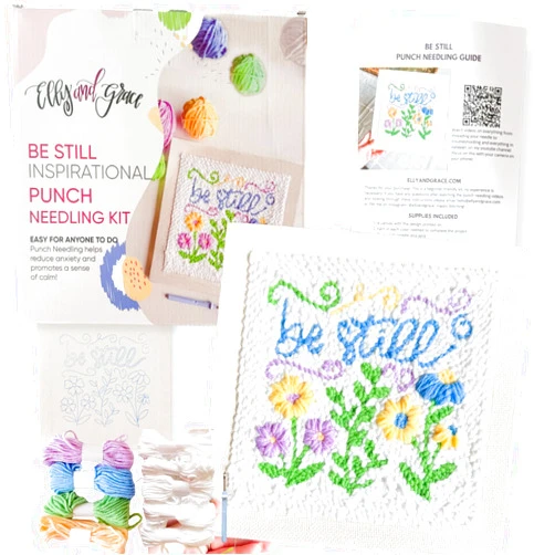 Elly and Grace Christian Punch Needle Kit for Adult Beginners, Punch Needle Embroidery Kits with Square Frame, Yarn, Wire Threader, Instructions and Needle (Be Still)
