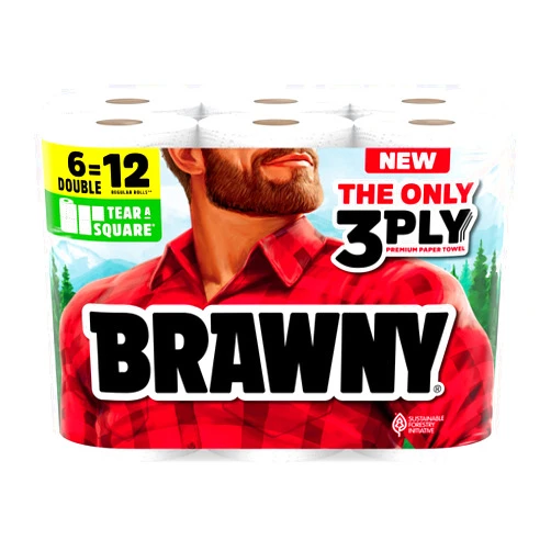 Brawny Tear-A-Square 3-Ply Paper Towels, 6 Double Rolls = 12 Regular Rolls, Strong, Absorbent, and Durable with 3 Sheet Sizes (Quarter, Half, Full)
