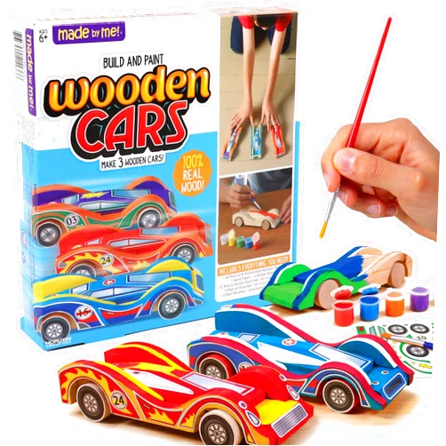 Made By Me Build & Paint Your Own Wooden Cars by Horizon Group USA, DIY Wood Craft Kit, Easy to Assemble & Paint 3 Race Cars, Multicolored