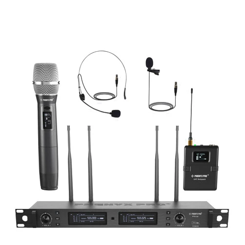 Phenyx Pro Wireless Microphone System, True Diversity Dual Cordless Microphone Set w/UHF HandheldMicrophone/Bodypack/Headset/Lapel Mics, Auto Scan, 2x1000 Channels for Stage & Studio (PTU-2U-1H1B)
