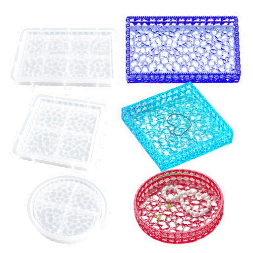 Wehous 3PCS Diamond Resin Tray Mold with Edges, Silicone Tray Molds for Resin Casting, Square Rectangle Round Epoxy Mold DIY Jewelry Plate Box Candle Holder Container Art Craft Making Supplies