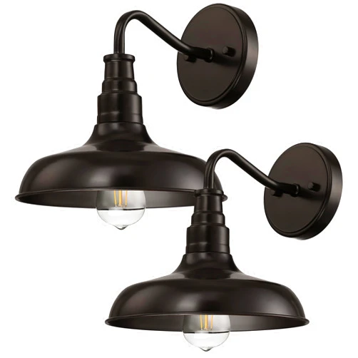 Revtronic Outdoor Gooseneck Barn Lights, Farmhouse Style Wall Sconces, Exterior Fixtures for Bulb Security Camera, Vintage Industrial Matte Black Wall Lantern for Porch, Garage, E26 Base, 2 Pack