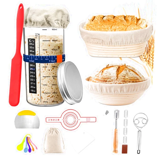 Amgkonp 16Pack 35oz Sourdough Starter Jar kit with 9 Inch Round & 10 Inch Oval Banneton Bread Proofing Basket Set,Scraper,Sourdough Bread Baking Supplies,Gift for Beginners and Bakers