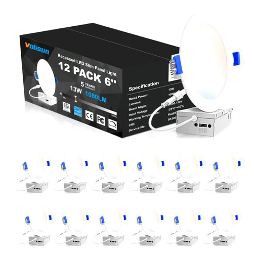 VOLISUN 12 Pack 6 inch Recessed Lighting, 5CCT LED Recessed Light with Junction Box, 2700K-5000K Selectable, 13W Eqv 120W, 1080LM Dimmable Canless Wafer Downlight, LED Ceiling Light ETL Certificated