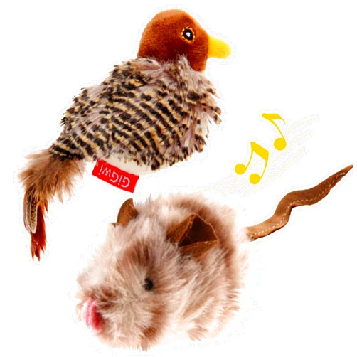 Gigwi Automatic Cat Toys Pack, Interactive Cat Toys Electronic Squeaky Animals Bird and Mouse, Plush Toys for Cats to Play Alone, Play and Squeak Cat Toys for Indoor Cats Boredom, 2 Pcs