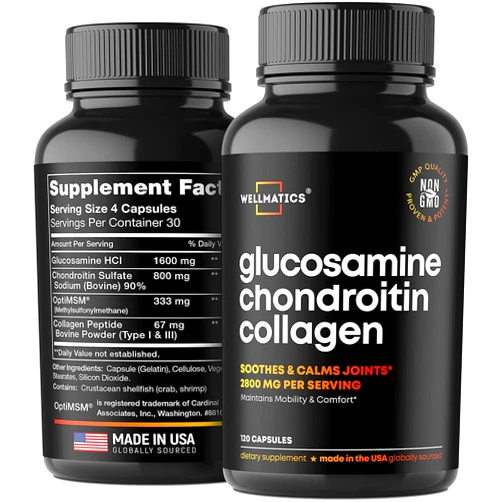 Wellmatics Glucosamine Chondroitin with MSM & Collagen - Made in USA - Natural Joint Support Supplement - Triple Action for Joint Health - Joint Discomfort Relief for Back, Knees, Hands - 120 Capsules