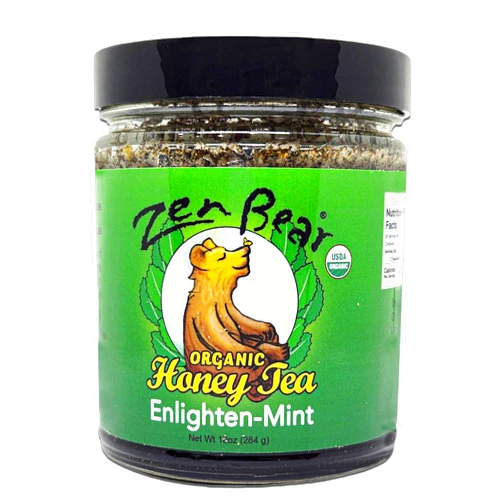 Zen Bear Enlighten Mint Honey Tea - Wildflower Honey, Green Tea, Spearmint, Peppermint - Uniquely Soothing & Invigorating - Raw, Pure Honey - Elevate Your Tea Time | 8 Oz Jar for Refreshing Tea Experience