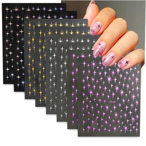 KEHKFSEF 8 Sheets Colorful Star Nail Stickers for Nail Art Holographic Laser Star Nail Decals 3D Self-Adhesive Pegatinas Uñas Glitter Gold Silver Stars Nail Supplies Nail Design Accessories for Women Girls