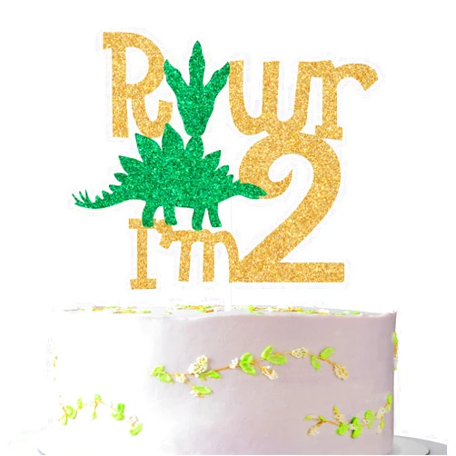 Jenrtvis Dinosaur Happy 2nd Birthday Cake Topper, Rawr I'm 2 Cake Decor, Two Rex, Glittery Dinosaur Themed 2nd Birthday Party Decorations Supplies for Boys or Girls