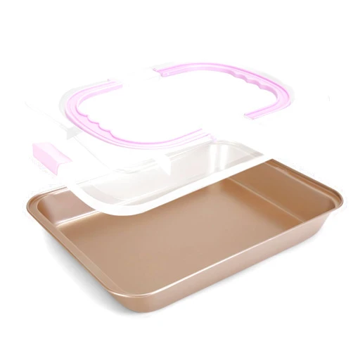 EsOfficce Rectangular Cake Pan with Lid, 9 x 13 Inch Baking Pan With Lid and Handle, Nonstick Bakeware Bake & Roast & Cook Carrier Pan, Champagne