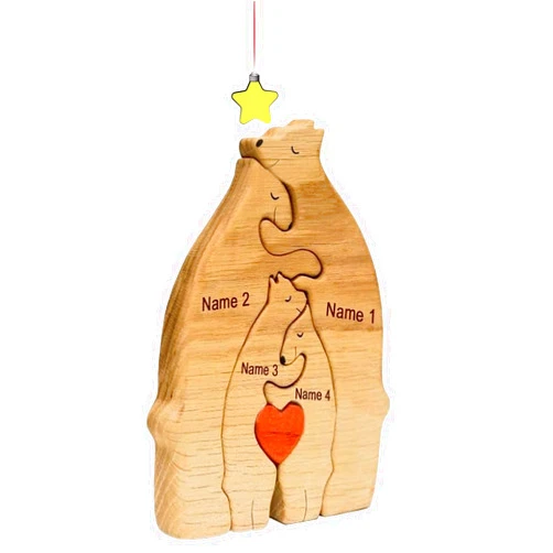 Louthon Wooden Bear Puzzle with 2-8 Family Names, Wooden Bear Puzzle, Wooden Sculpture, Christmas, House Warming Gifts Ideas, Wooden Decor (Name-4)