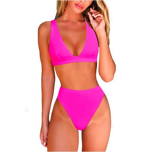Generic Womens High Waisted Thong Bikini Sets Sexy Brazilian Triangle Top Deep V Neck Two Piece Long Top Bathing Suit