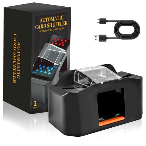 Nileole 2 Decks Quiet Card Shuffler, Automatic 2000 MAh Rechargeable Electric Shuffler, Playing Cards, Texas Hold'em, Poker, Home Card Games, Blackjack (2 Decks, Orange)
