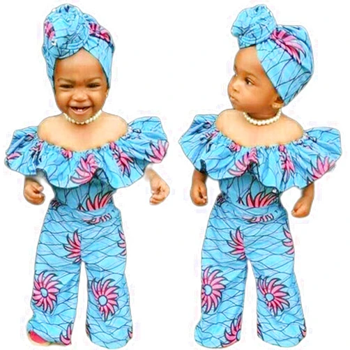 Shan-S Newborn Infant Toddler Jumpsuit Overalls Kids Baby Girls Off Shoulder Dashiki African Romper + Headband Outfit