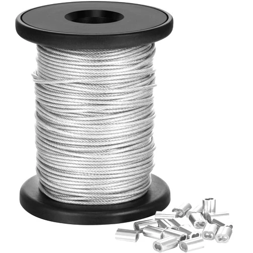 Chengu Vinyl Coated Picture Frame Hanging Wire, Stainless Steel Wire Spool with 20 Pieces Aluminum Crimping Loop Sleeve, Supports up to 110 Lbs (1.5 mm x 98 Feet)