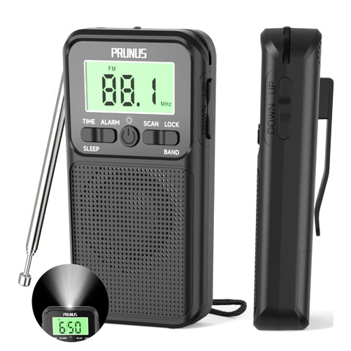 PRUNUS J-128 Pocket AM FM Radio Portable with Battery Operated Radio by 2 AA,Automatic Station,Headphone Jack,Back Clip,Flashlight,Large Screen,Lock Key Walkman Radio, Alarm/Sleep Timer,Digital Radio