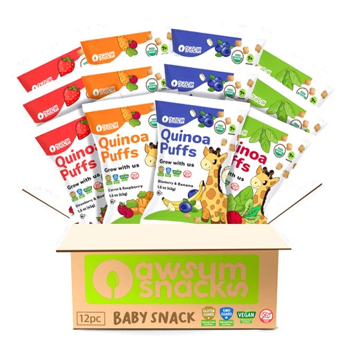 Awsum Snacks Variety Baby Puffs - Happy Healthy Baby Snack - Natural Plant Based Puffed Snacks - Certified USDA Organic Kosher Non GMO Gluten Free Vegan - No Added Sugar - Non-Allergy (12 1.5oz bags)