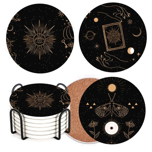 Britimes Table Coaster for Drinks Set of 6, Cute Black Mystical Skulls Animals Magic Coffee Absorbent Round Ceramic Stone Mat, with Cork Base and Metal Holder, Gift for Housewarming Room Bar Decor