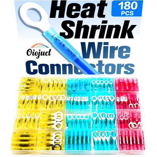 Oiojuct 180Pcs Heat Shrink Wire Connectors Kit - Waterproof Marine Automotive Battery Electrical Crimp Terminals Set, Ring Fork Spade Butt Splices