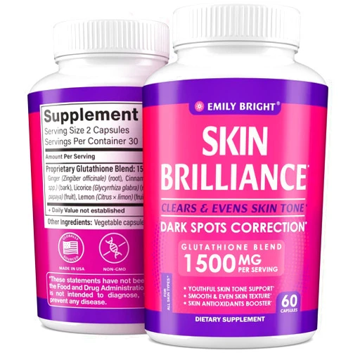 Emily Bright INC Glutathione Capsules - 1,500mcg Glutathione Supplement - Skin Tone Enhancer - Targets Dark Spots & Acne Marks - Potent Antioxidant - 60 Capsules