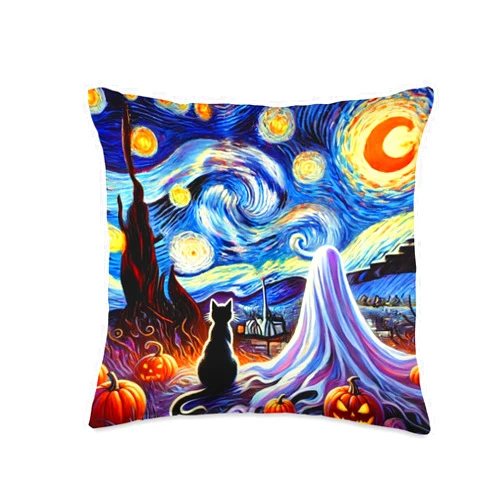 Starry Night Designs Starry Night Halloween Van Gogh - Black Cat and Ghost Throw Pillow