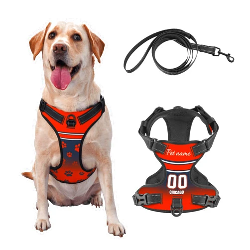 Cokpet Custom Chicago Dog Harness with Reflective Stripes Personalized Name and Number Dog Vest Harness with Pet Traction Rope for Small Medium Large Dog