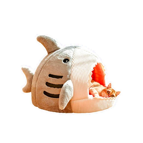 QWINEE Cat Mat Shark-Shaped Kennel Kitten Bed Hideout House Warm Soft Comfortable Semi-Closed Cat Dog Nest Grey Large