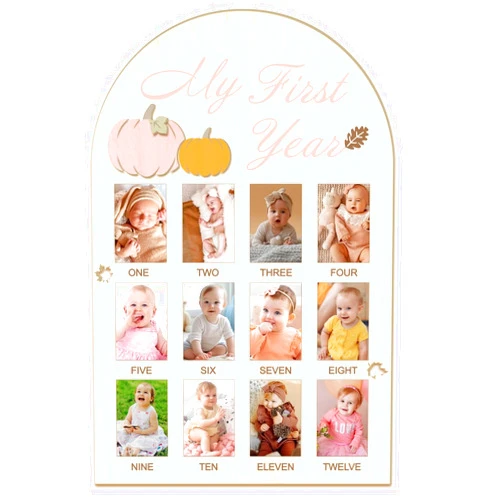 Aukolass My First Year Photo Board Pumpkin Themed Baby's 1st Birthday Picture Frame 12 Months Photos Milestone Keepsake Board, 1st Birthday Party Decorations (Pink, 11.5 * 18.0inch)
