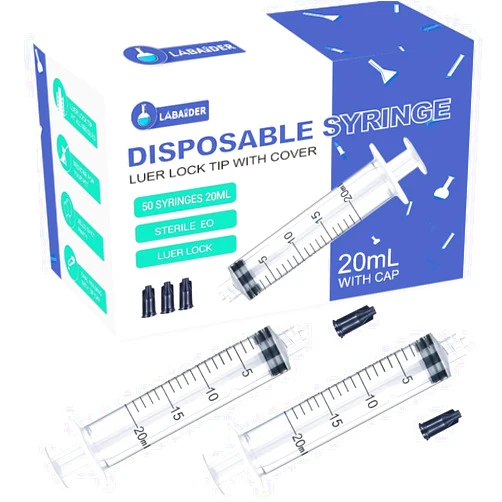 LabAider 50 Pack 20mL/cc Plastic Luer Lock Syringes Without Needle, Individually Sterile Wrapped, with Tip Cap, for Liquid,Scientific Labs, Measuring, Dispensing
