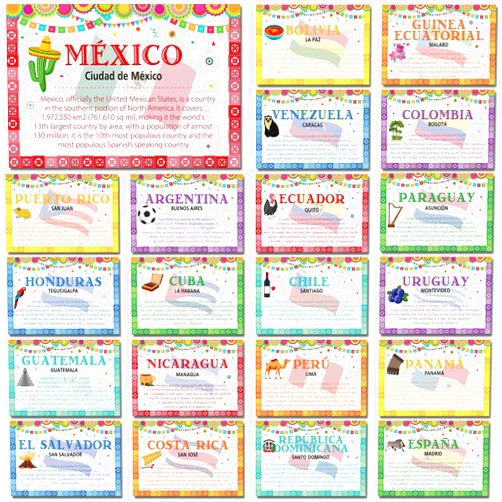 Pasimy 21 Pcs Spanish Language Country Posters Bulk Spanish Speaking Classroom Decorations Latin American Hispanic Heritage Month Educational Learning Materials for Teacher School Bulletin Board Wall