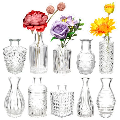 RAREANT Decorative Small Glass Vases, 10 Pcs Set Bulk Flowers Vases, Fluted and Ribbed Textured Vase for Centerpieces, Sunflower, Rose, Bud Plant Mini Bottles Vases, Unique Clear Cute Vases, Wedding Decor