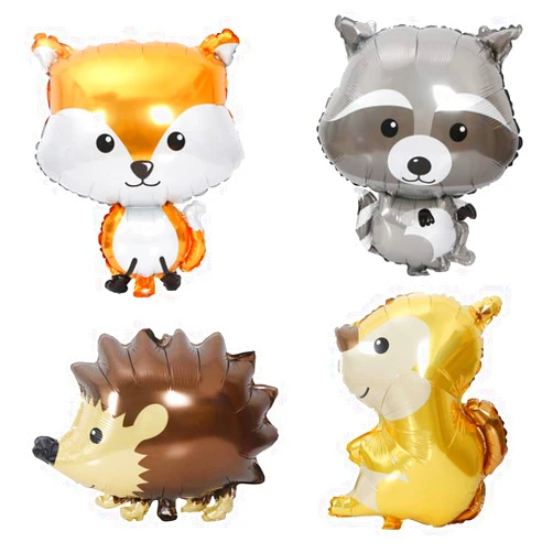 HORUIUS Woodland Animal Balloons Fox Hedgehog Squirrel Raccoon Foil Mylar Balloon for Baby Shower Kids' Boys Woodland Animals Theme Birthday Party Supplies Decorations 4PCS