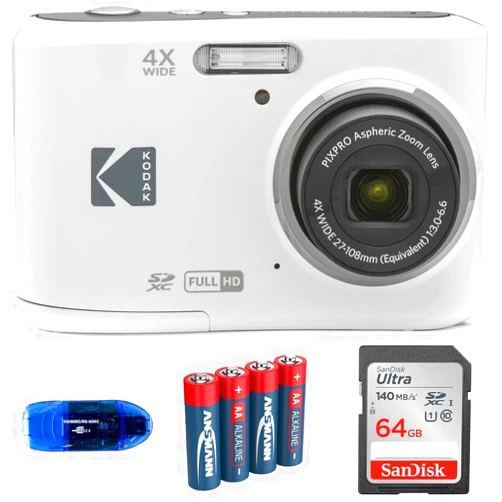 KODAK Pixpro FZ45 Digital Camera Bundle, Includes: SanDisk 64GB SDXC Memory Card, Spare Batteries and Card Reader (4 Items) (White)